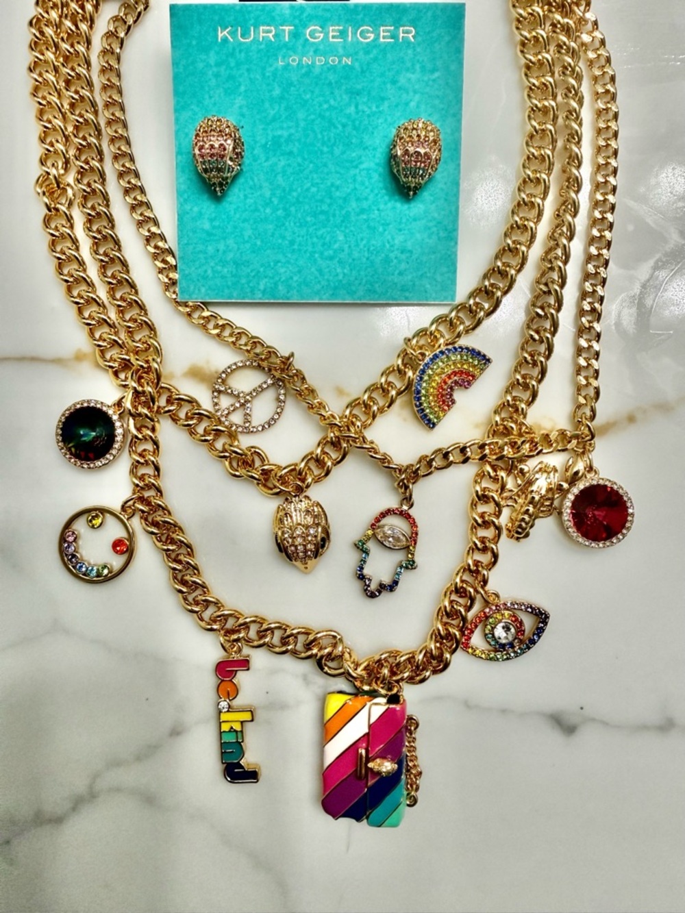 Kurt Geiger Gold-Tone Multicolor Enamel & Crystal Charm Necklace Set in bag.